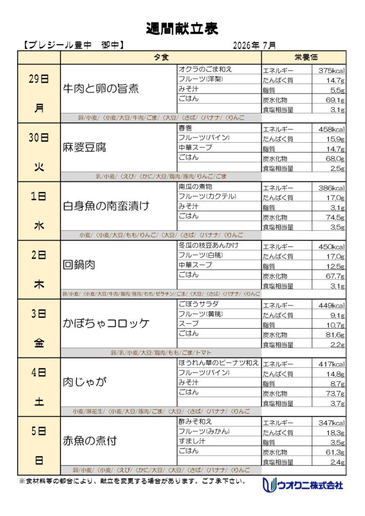 6月29日〜7月5日夕食